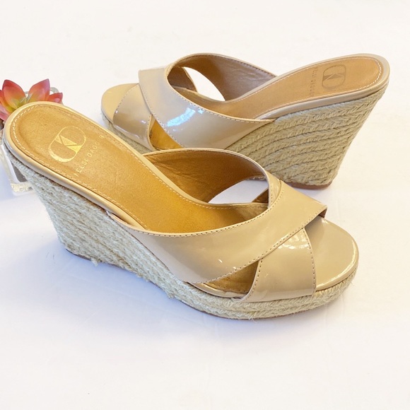 Anthropologie | Kelsi Dagger Neutral Patent Leather Wedge Espadrille Sandals 6 - Picture 6 of 7